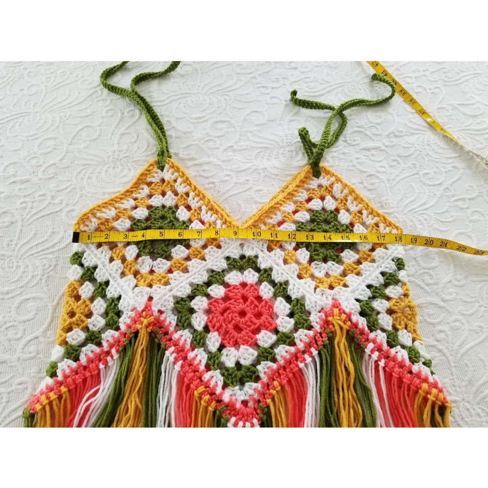 Fringed crop top granny squares boho hippie crochet Festival Party Funky - Picture 2 of 9
